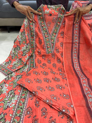 Printed Cotton A-Line Kurti Set – V-Neck – Sequin Handwork