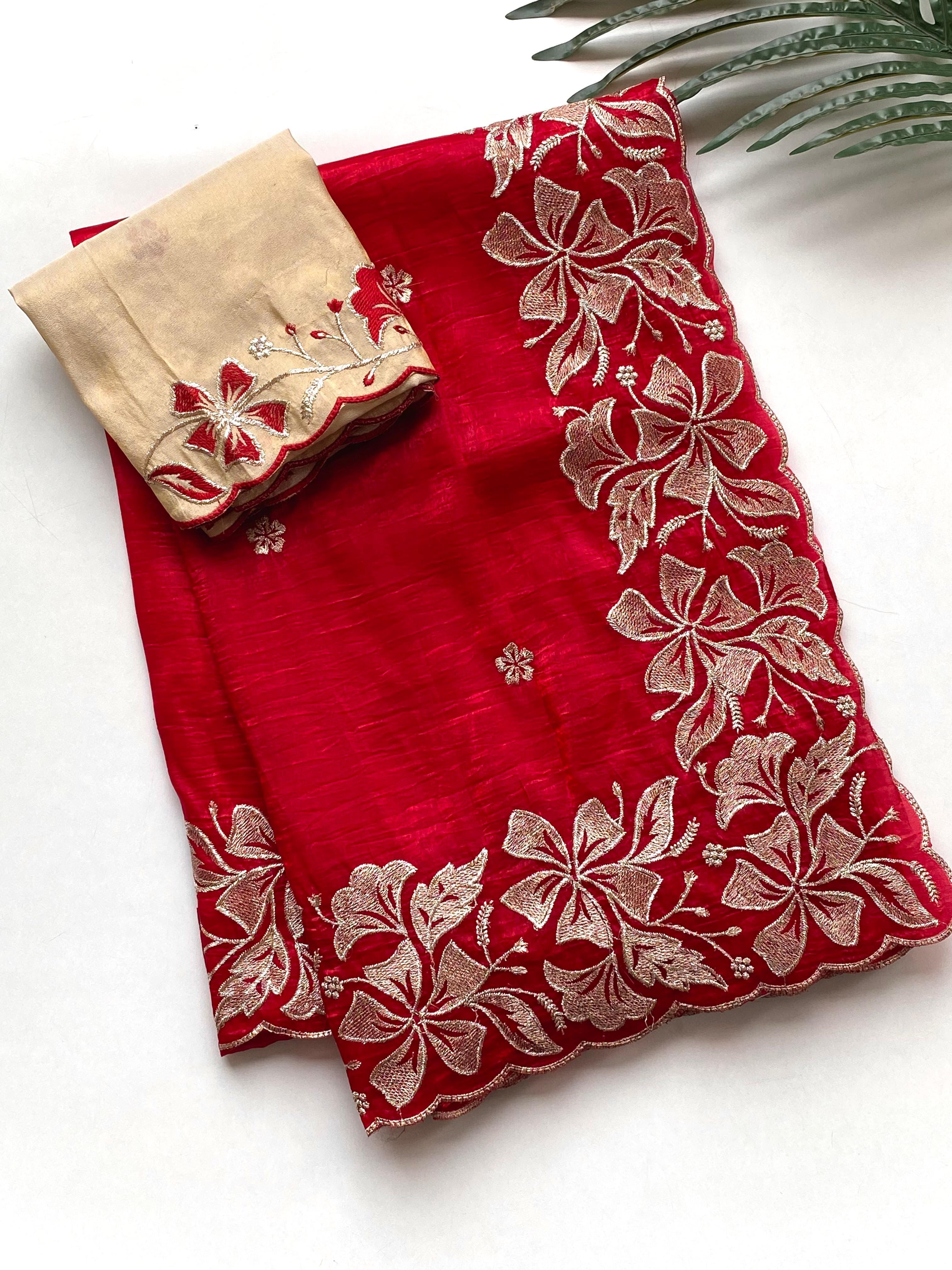 Red Crush Silk Saree – Embroidered Flower Pattern – Cutwork Border