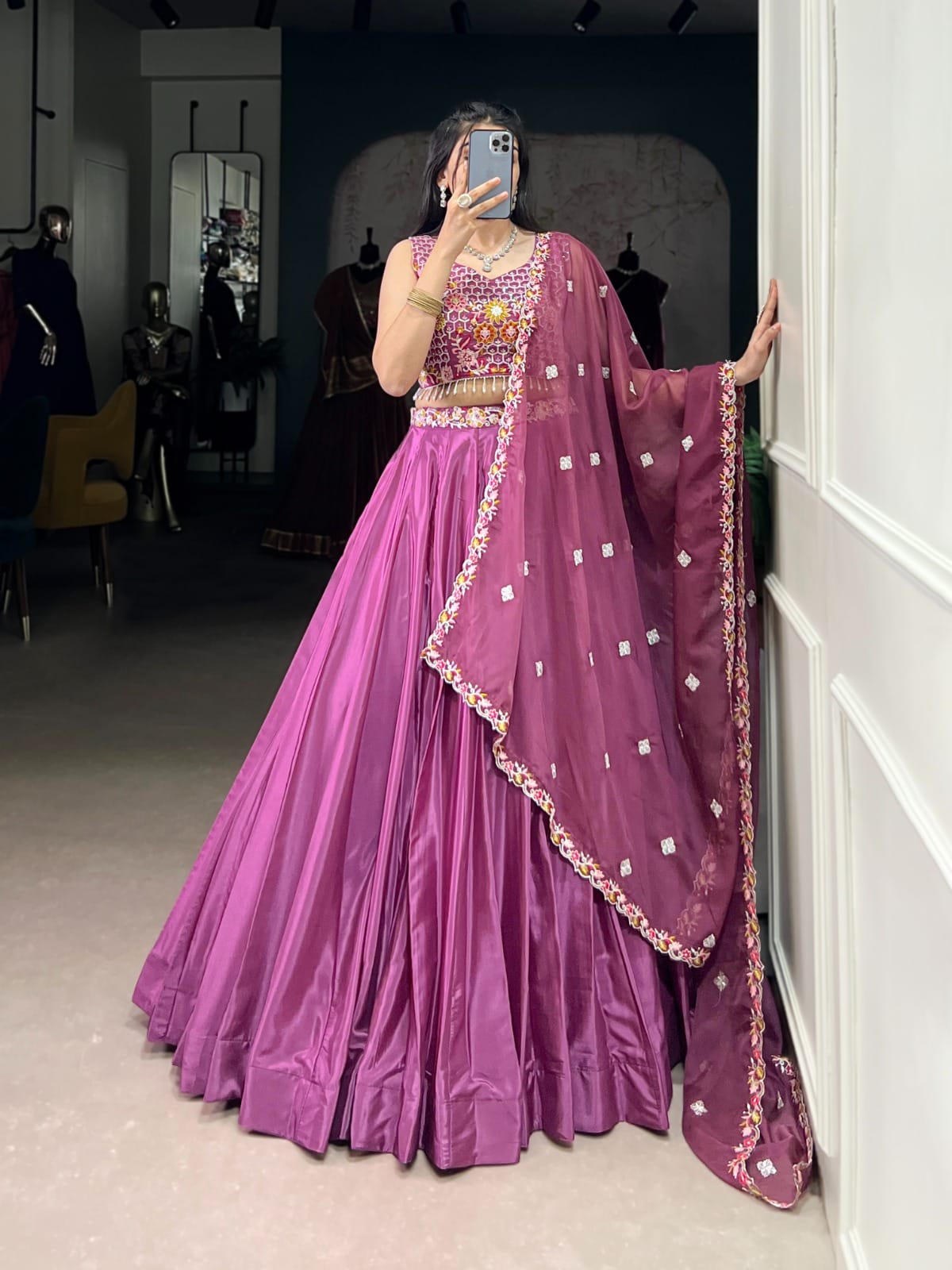 Magenta Flared Silk Crepe Lehenga Set – Drawstring Waist – Sequins & Thread Embroidery