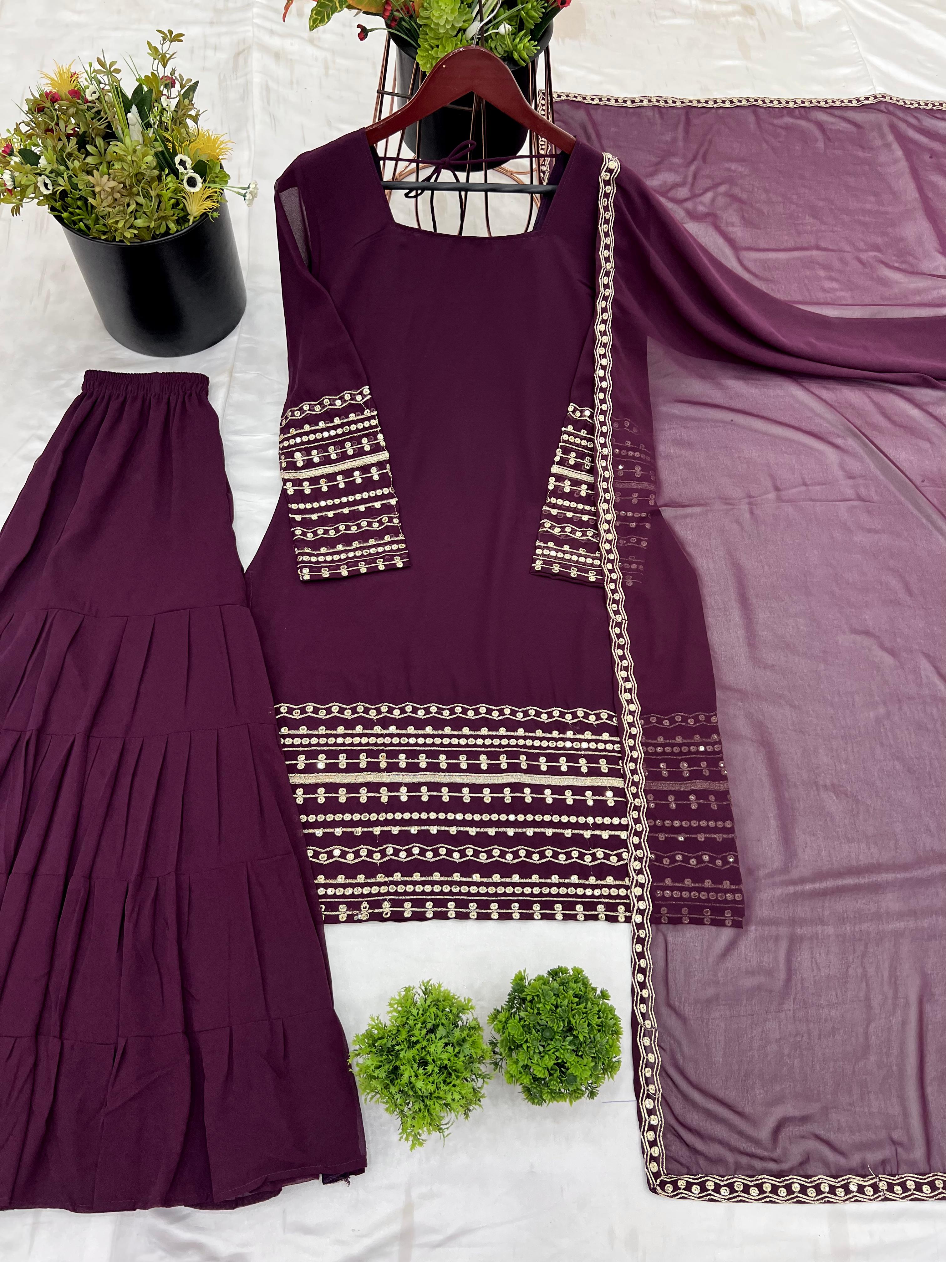 Wine Embroidered Georgette Top-Sharara Set – Full Sleeves – Sequin Work