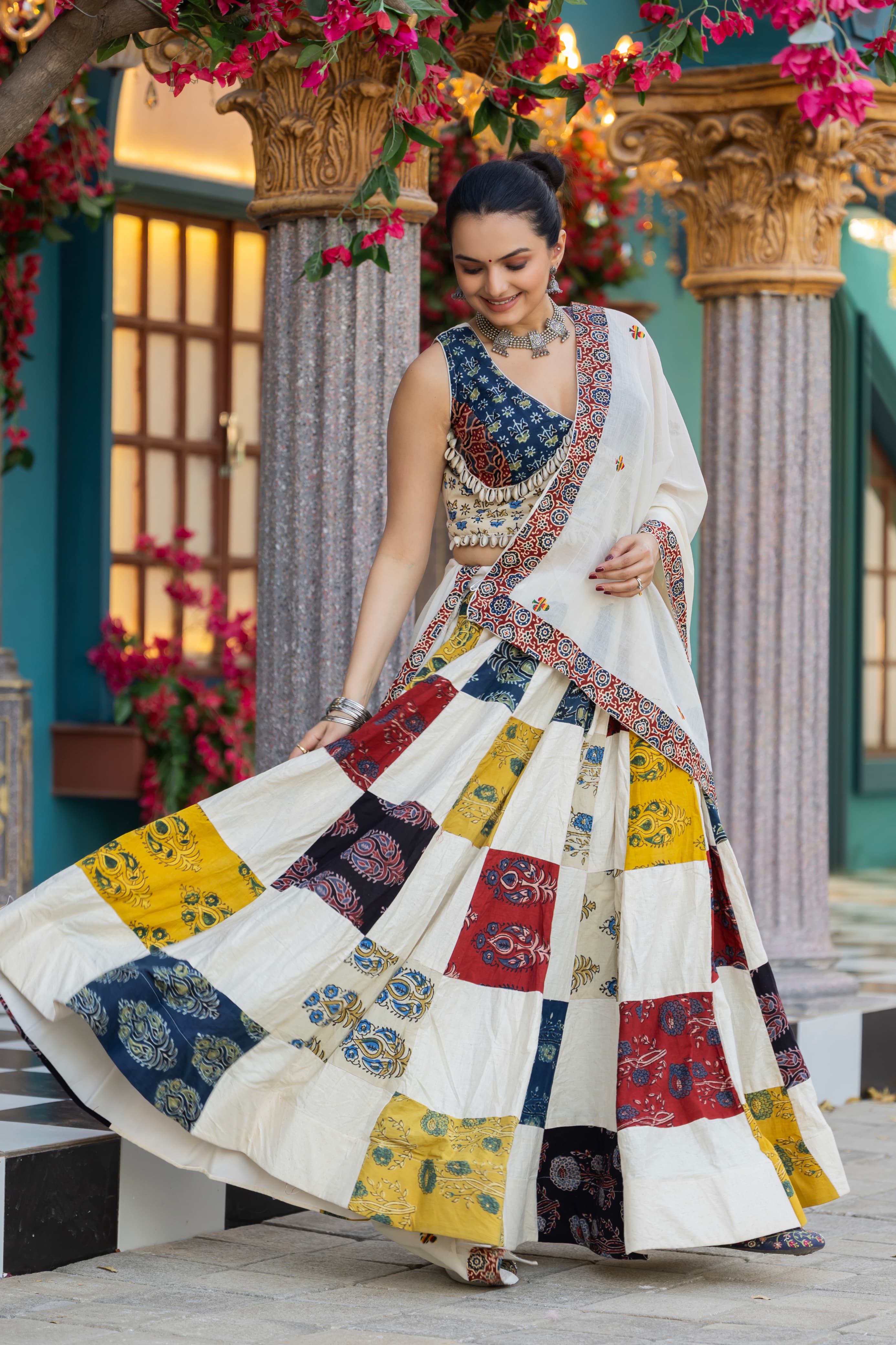 Ajrakh Print Khadi Cotton Lehenga Choli Set – Drawstring Waist – Hand Block Print & Real Shells