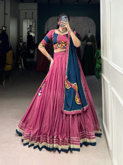 Pink Flared Silk Crepe Lehenga Set – Round Neck – Mirror and Gotta Patti Work