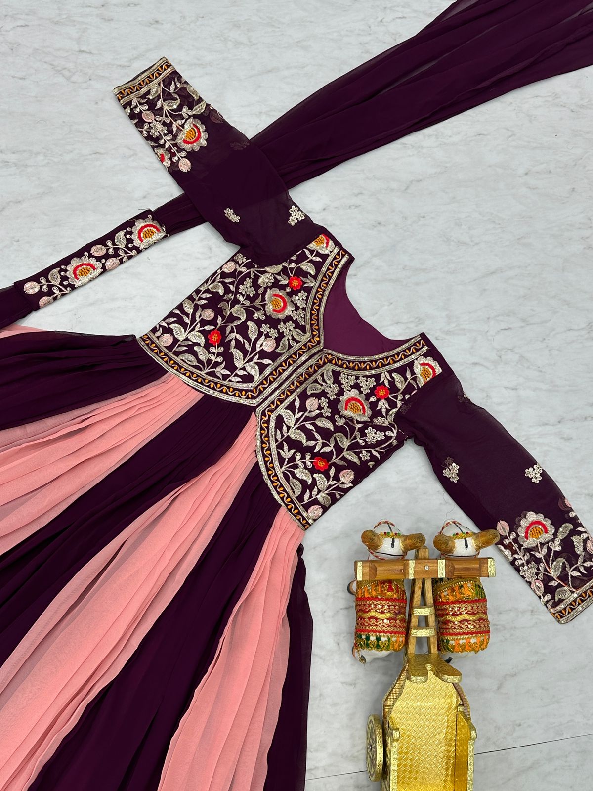 Sequin Thread Embroidered Fox Georgette Gown – Micro Cotton Lining – Dupatta Set