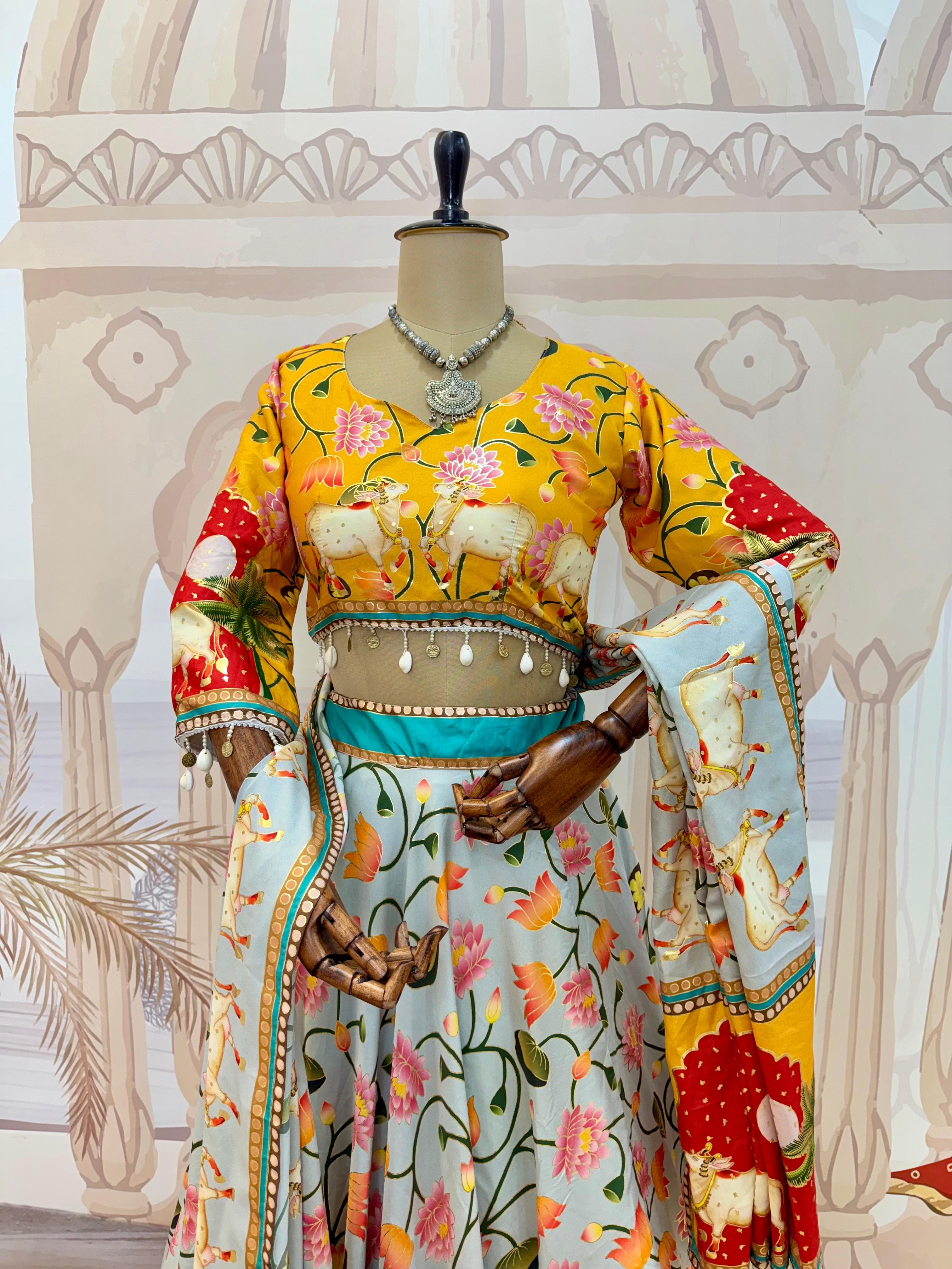 Crepe Silk Foil Print Lehenga Set – Drawstring Waist – Codi Lace Border