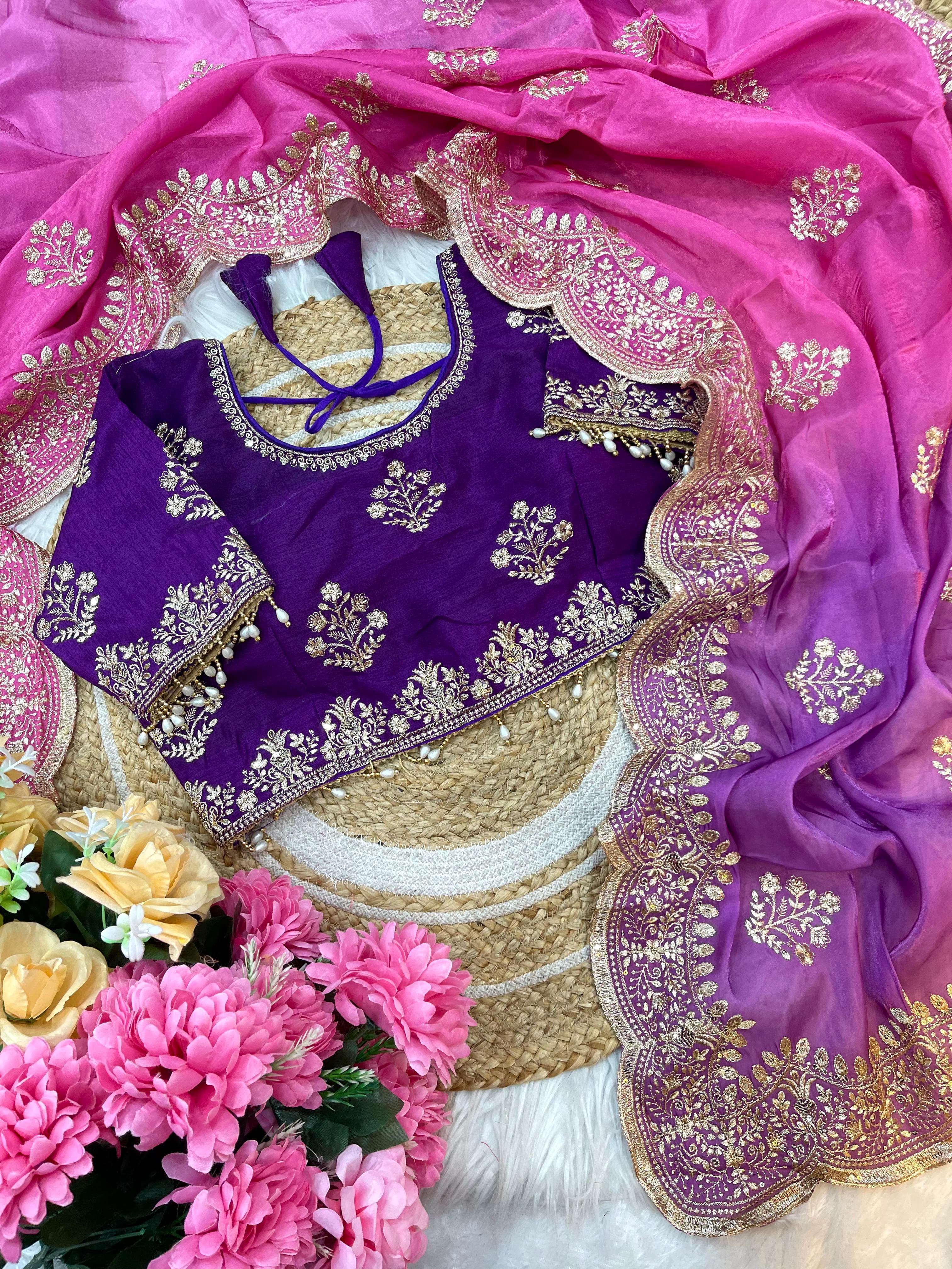 Soft Satin Saree – Embroidered Sequins Border & Buttis – Silk Embroidered Blouse