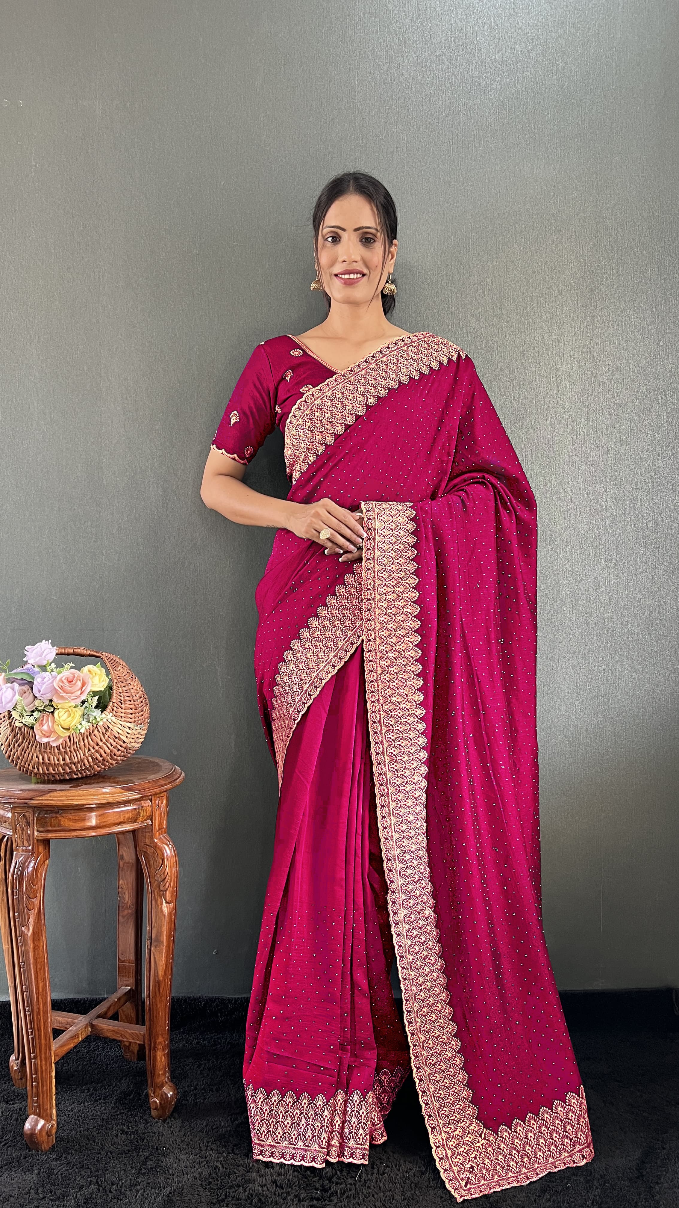 Vichitra Silk Saree – Cut Work Border – Zari and DMC Swarovski Work