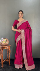 Vichitra Silk Saree – Cut Work Border – Zari and DMC Swarovski Work