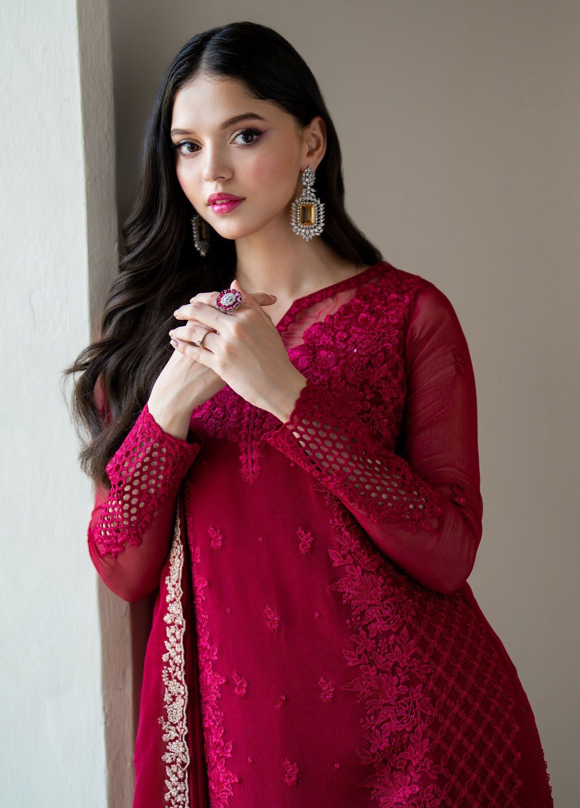 Embroidered Faux Georgette Top-Plazzo Set – Fancy Sleeves – Sequin Work