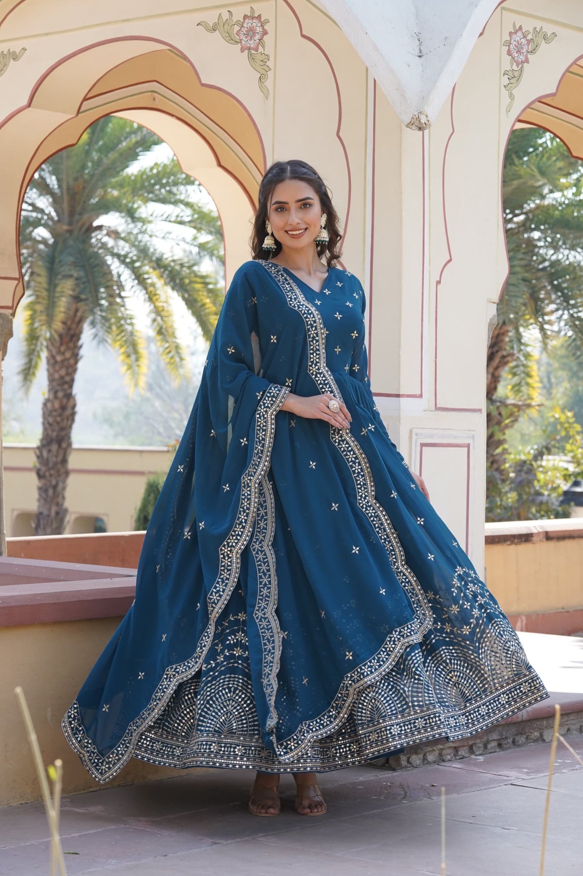 Georgette Flared Gown – V-Neck – Zari & Sequins Embroidered