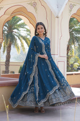 Georgette Flared Gown – V-Neck – Zari & Sequins Embroidered