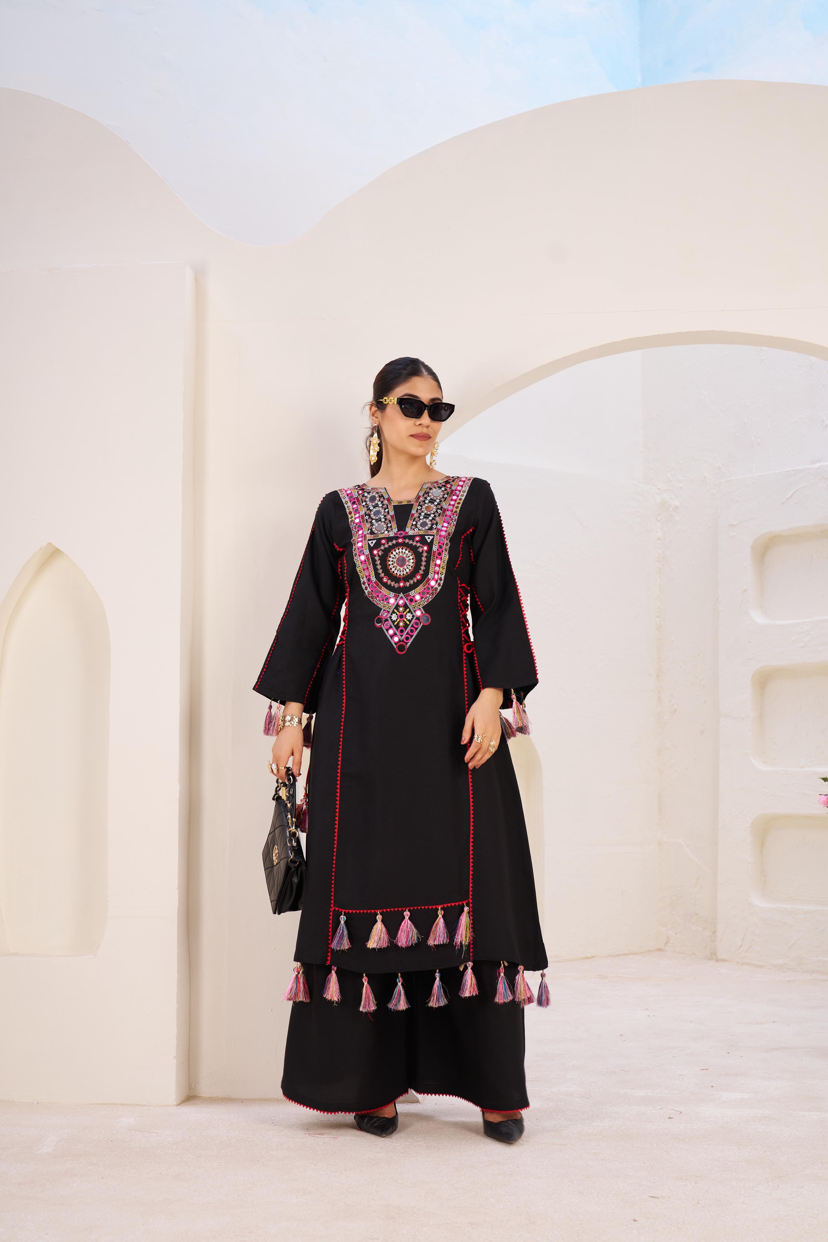 Black Cord Set Rayon Kurti and Palazzos – Side Dori Tassels – Thread and Mirror Work