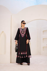 Black Cord Set Rayon Kurti and Palazzos – Side Dori Tassels – Thread and Mirror Work