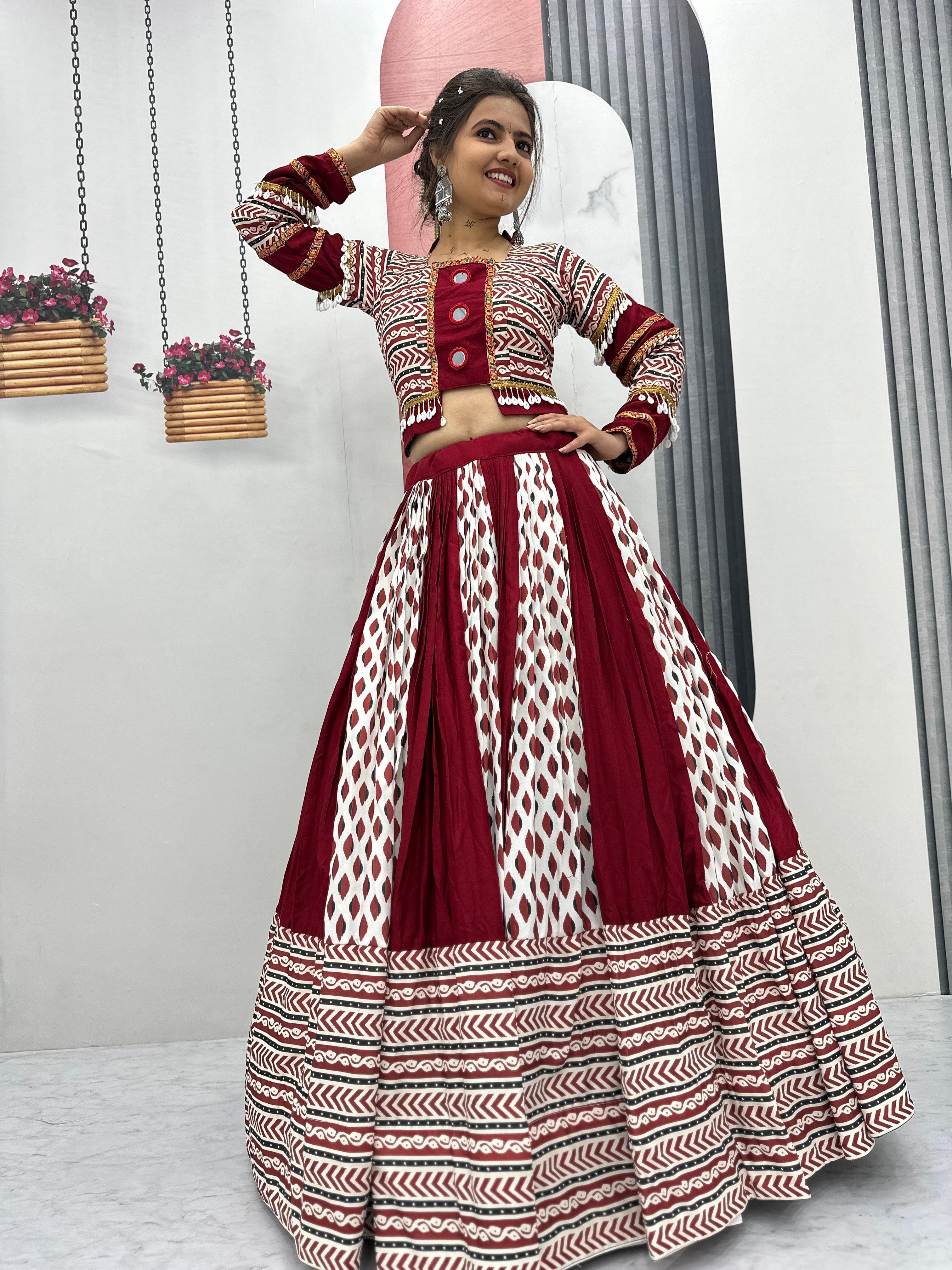 Ajarakh Print Rayon Cotton Lehenga Choli – Round Neck – Real Mirror Work