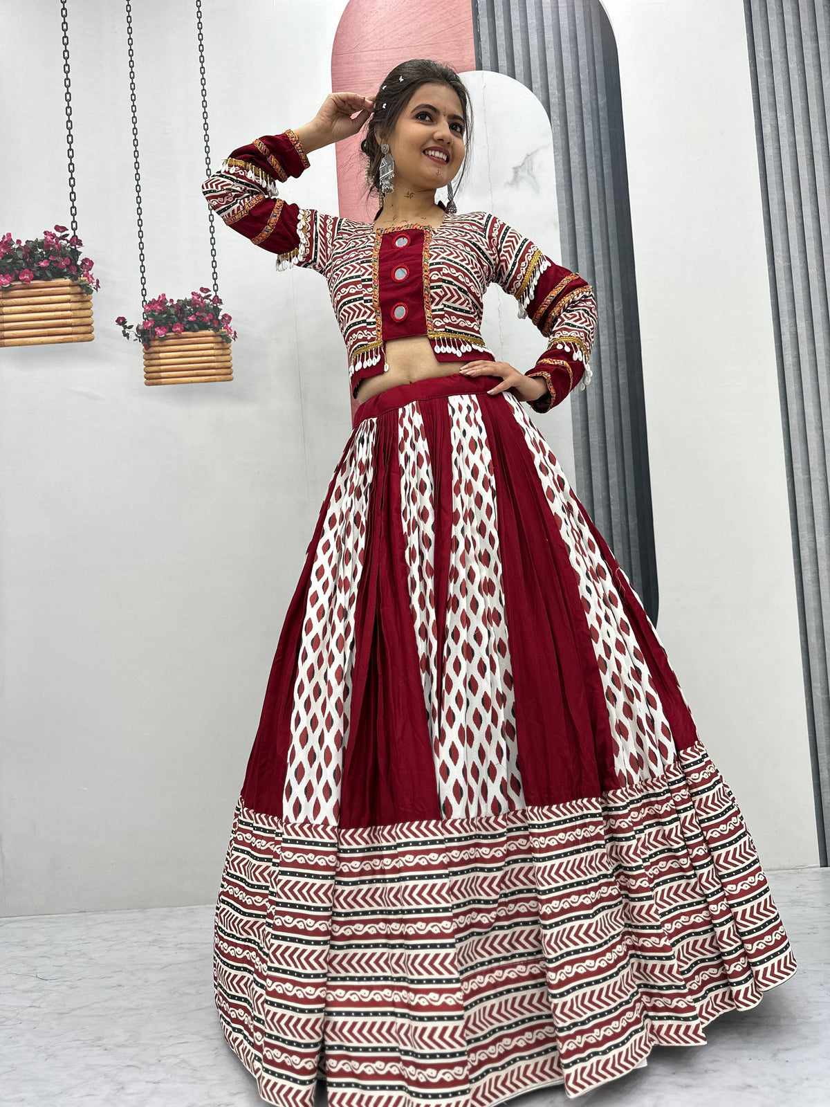 Ajarakh Print Rayon Cotton Lehenga Choli – Round Neck – Real Mirror Work