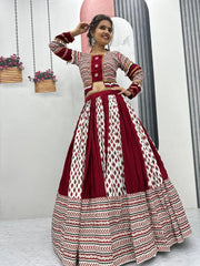Ajarakh Print Rayon Cotton Lehenga Choli – Round Neck – Real Mirror Work