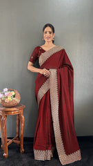 Vichitra Silk Saree – Cut Work Border – Zari and DMC Swarovski Work