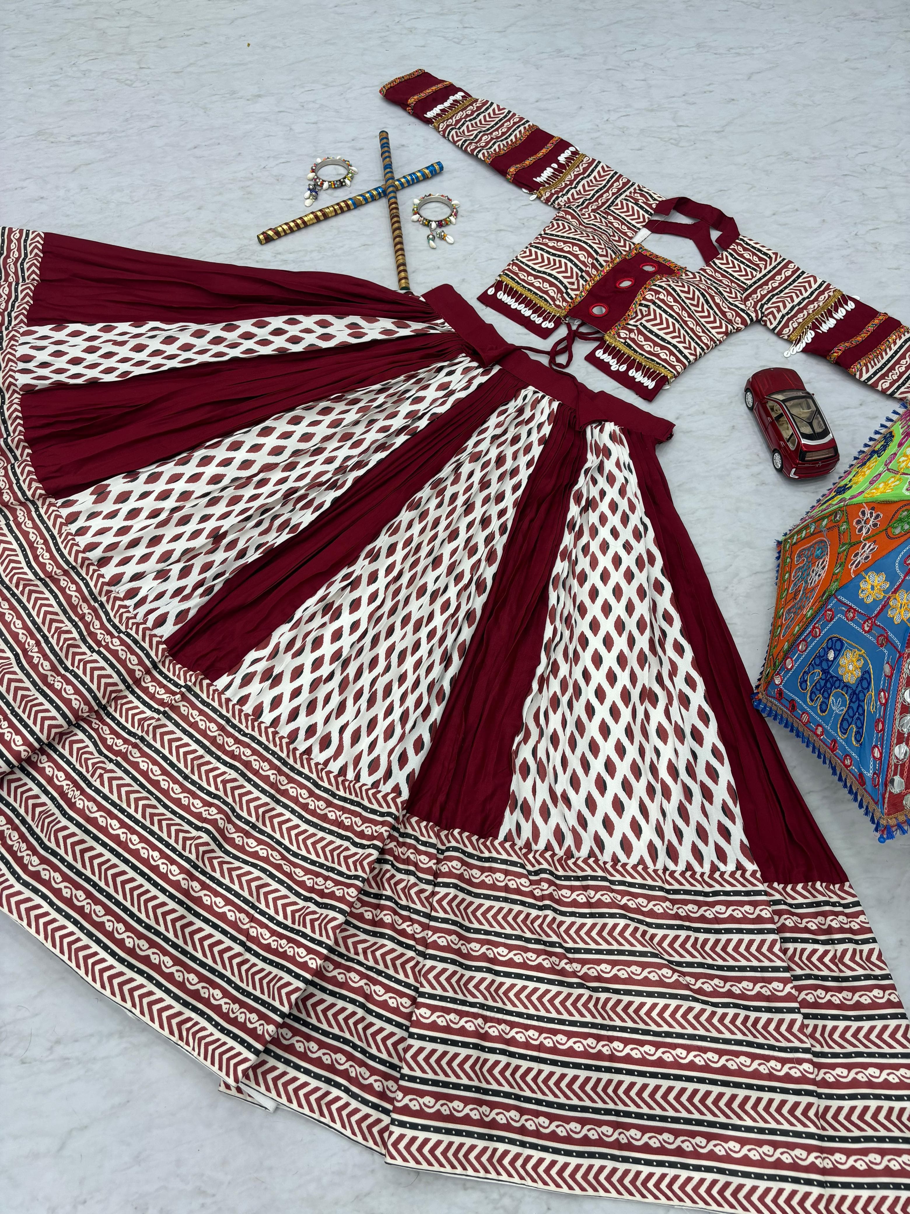 Ajarakh Print Rayon Cotton Lehenga Choli – Round Neck – Real Mirror Work
