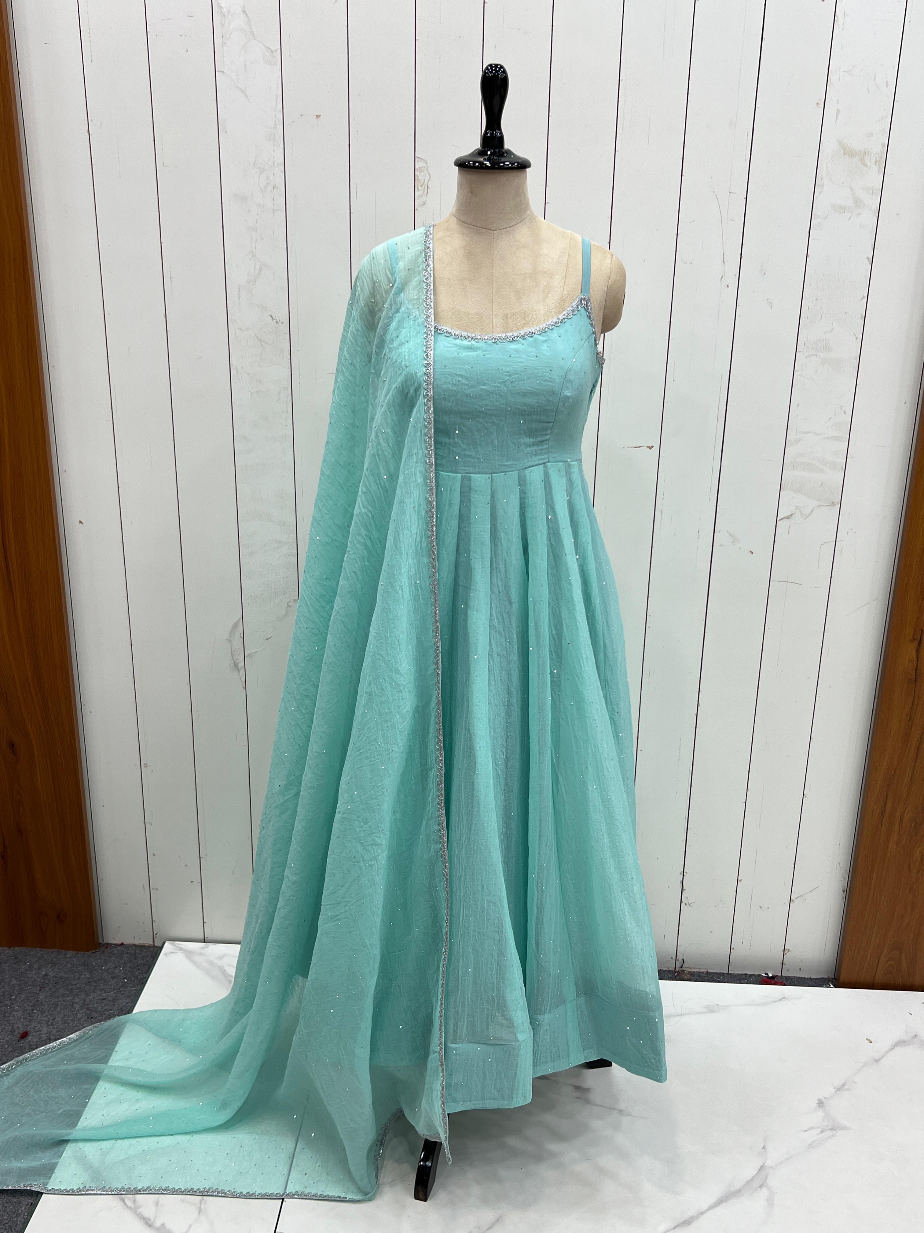 Crunchy Silk Anarkali Set – Round Neck – Sirozki Work