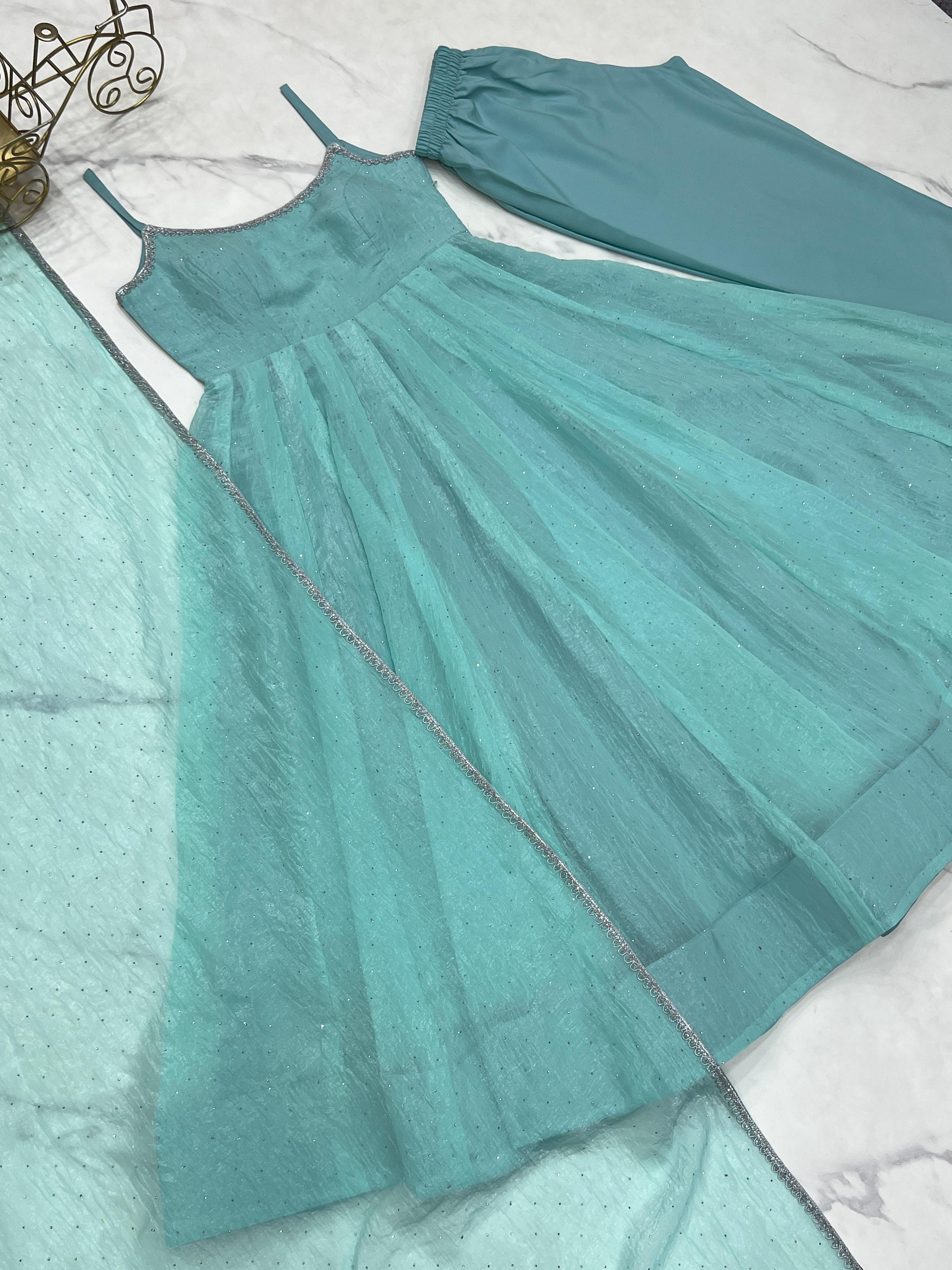 Crunchy Silk Anarkali Set – Round Neck – Sirozki Work