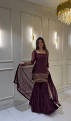Wine Embroidered Georgette Top-Sharara Set – Full Sleeves – Sequin Work