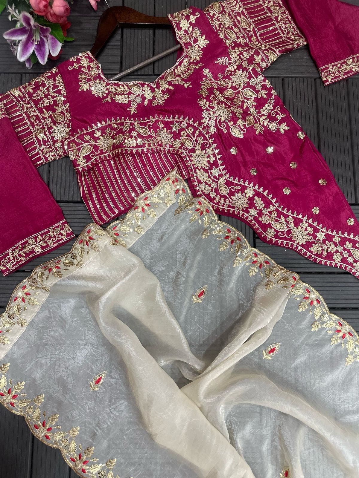Embroidered Gold Crush Crop Top Lehenga Set – Sequence Work