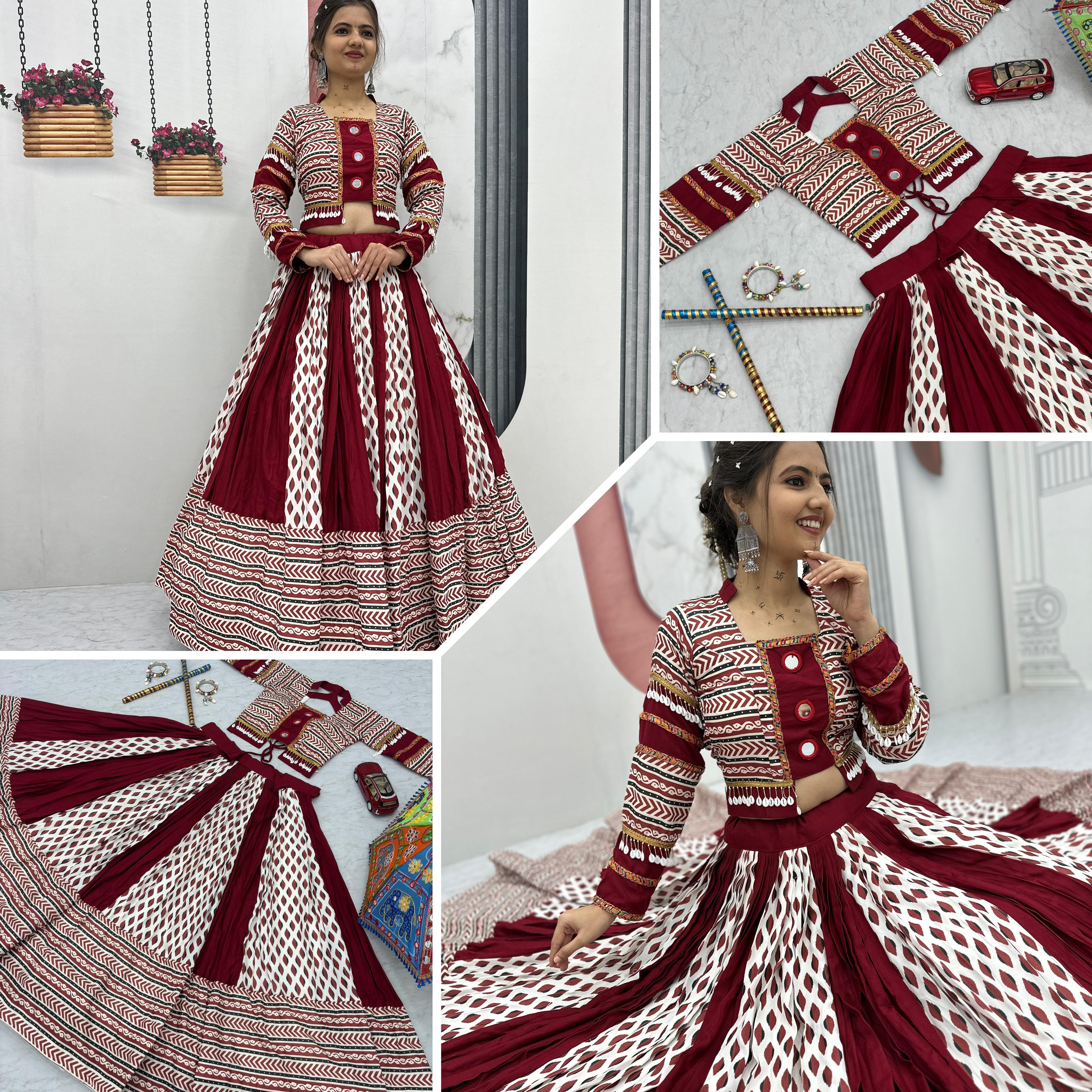 Ajarakh Print Rayon Cotton Lehenga Choli – Round Neck – Real Mirror Work