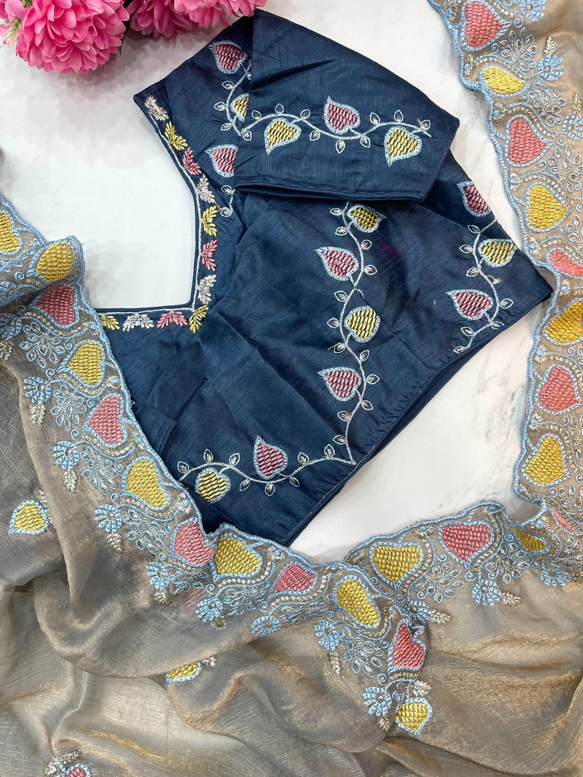 Two-Tone Chiffon Saree – Embroidered Border – Thread Work Buttis