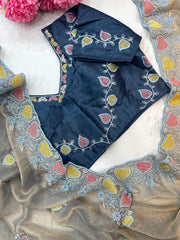 Two-Tone Chiffon Saree – Embroidered Border – Thread Work Buttis