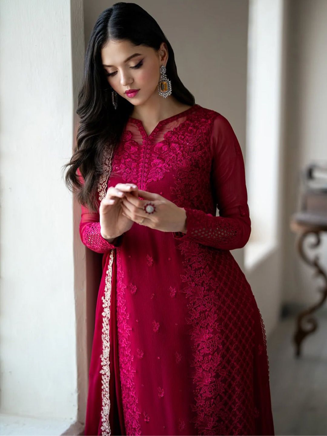Embroidered Faux Georgette Top-Plazzo Set – Fancy Sleeves – Sequin Work