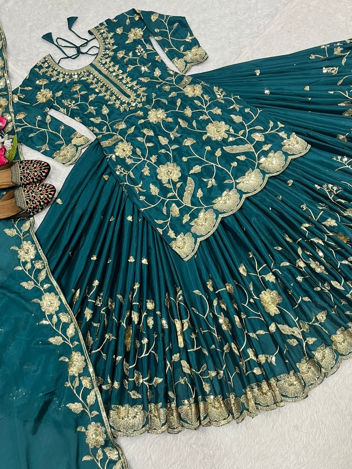 Chinnon Silk Embroidered Lehenga Set – Round Neck – Sequin Work