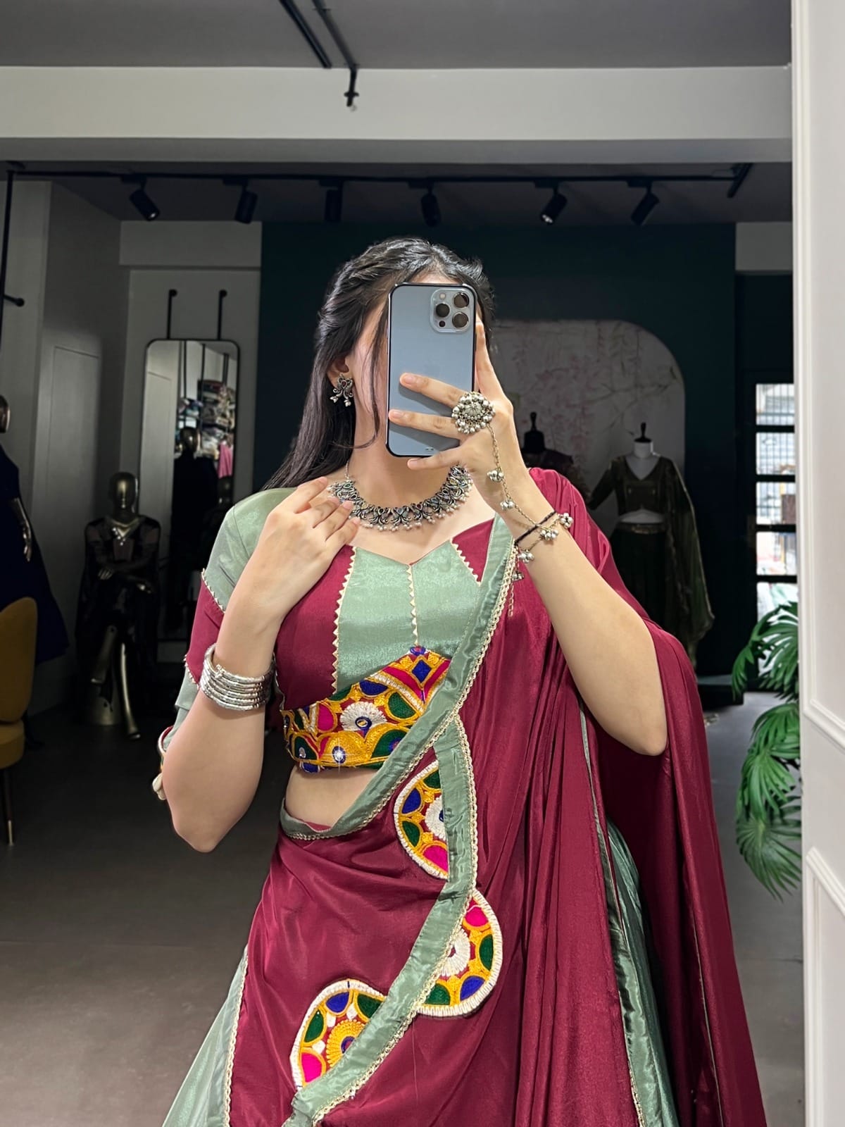 Silk Crepe Lehenga Choli Set – Round Neck – Mirror Gamthi and Sequins Work