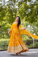 Yellow Flared Faux Georgette Gown – Round Neck – Heavy Sequin Embroidery