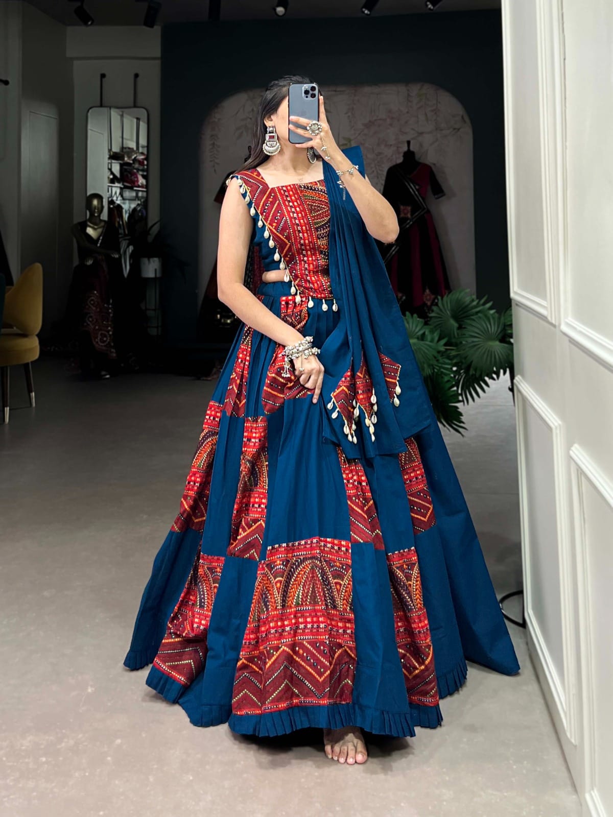 Printed Pure Cotton Lehenga Set – Round Neck – Foil and Cowrie Work