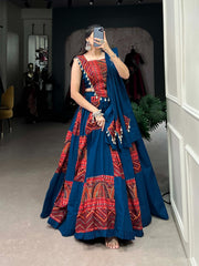 Printed Pure Cotton Lehenga Set – Round Neck – Foil and Cowrie Work