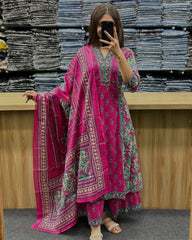 Printed Cotton A-Line Kurti Set – V-Neck – Sequin Handwork