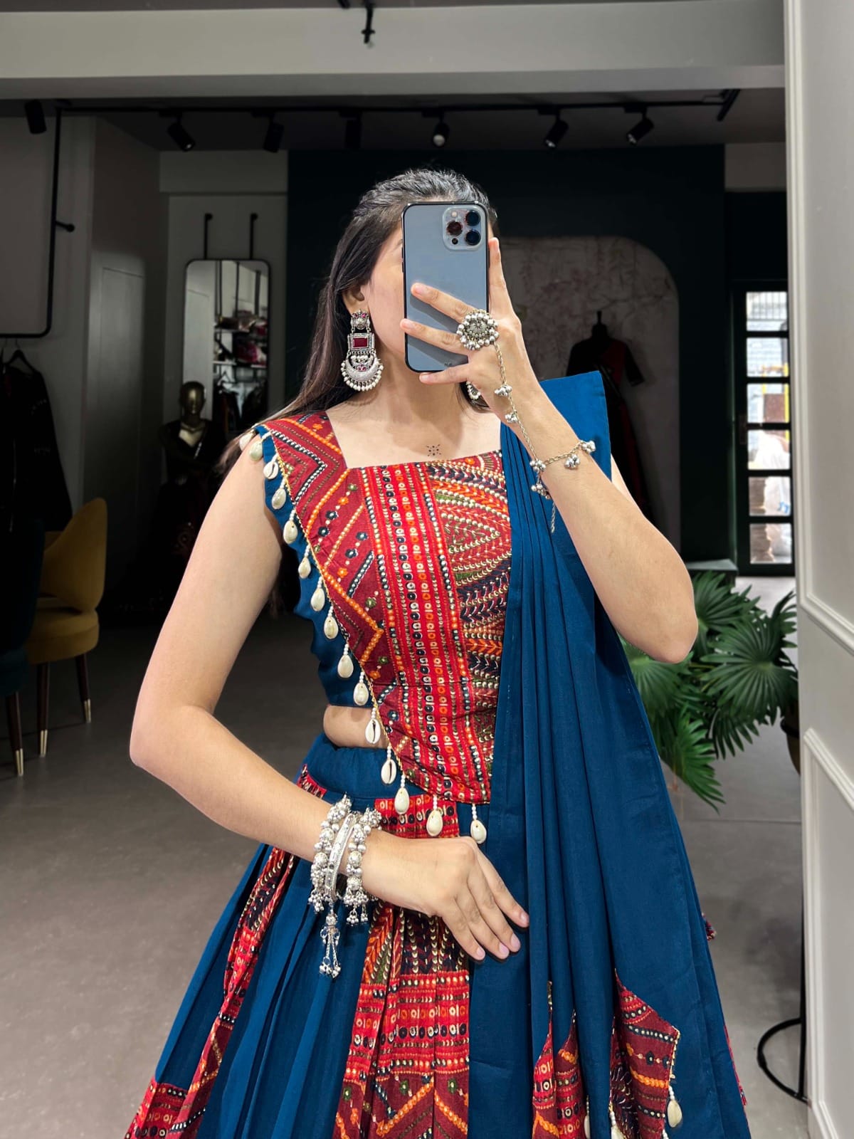 Printed Pure Cotton Lehenga Set – Round Neck – Foil and Cowrie Work