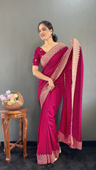 Vichitra Silk Saree – Cut Work Border – Zari and DMC Swarovski Work