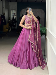 Magenta Flared Silk Crepe Lehenga Set – Drawstring Waist – Sequins & Thread Embroidery