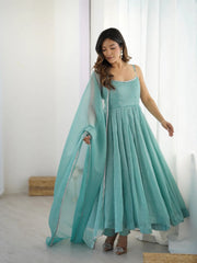 Crunchy Silk Anarkali Set – Round Neck – Sirozki Work