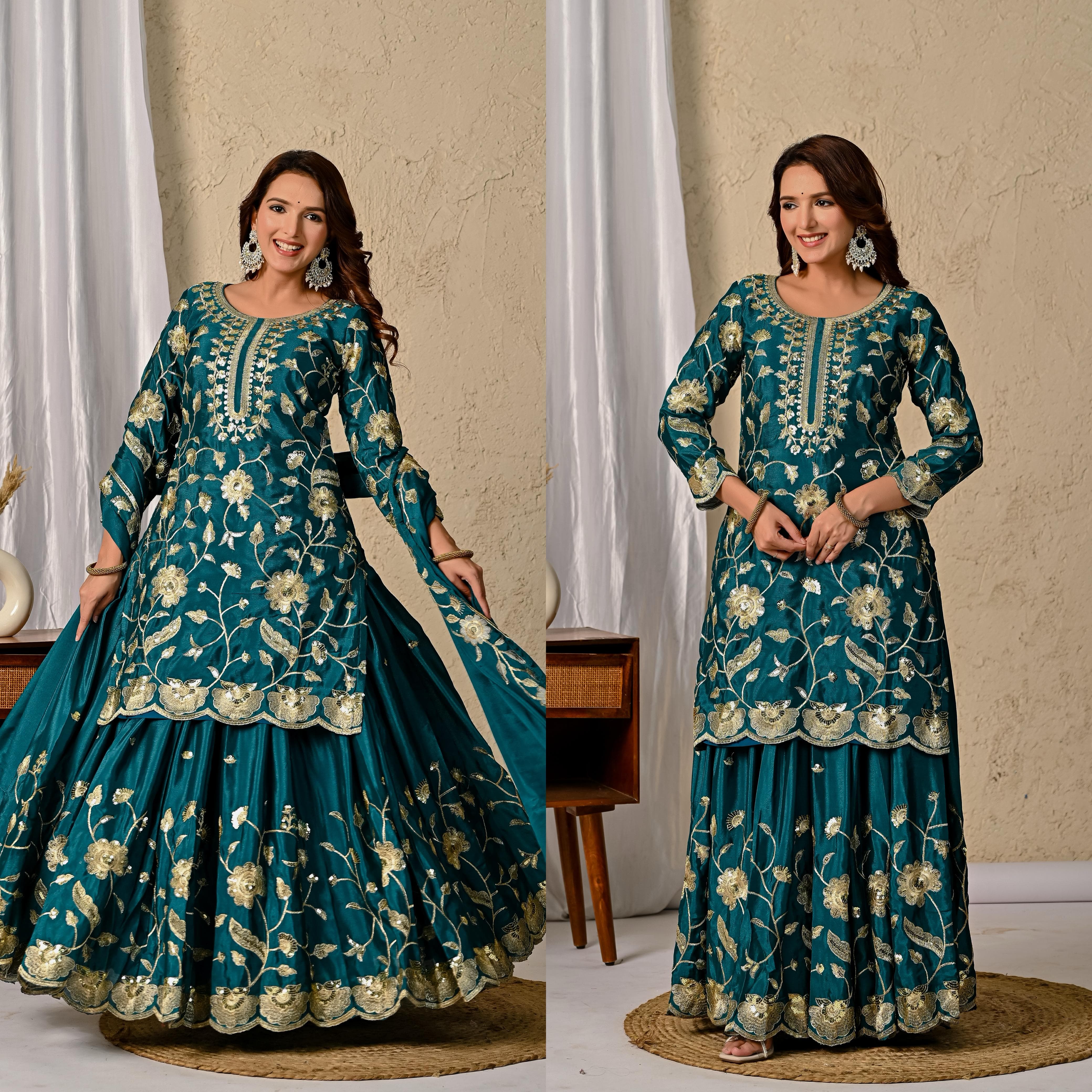 Chinnon Silk Embroidered Lehenga Set – Round Neck – Sequin Work