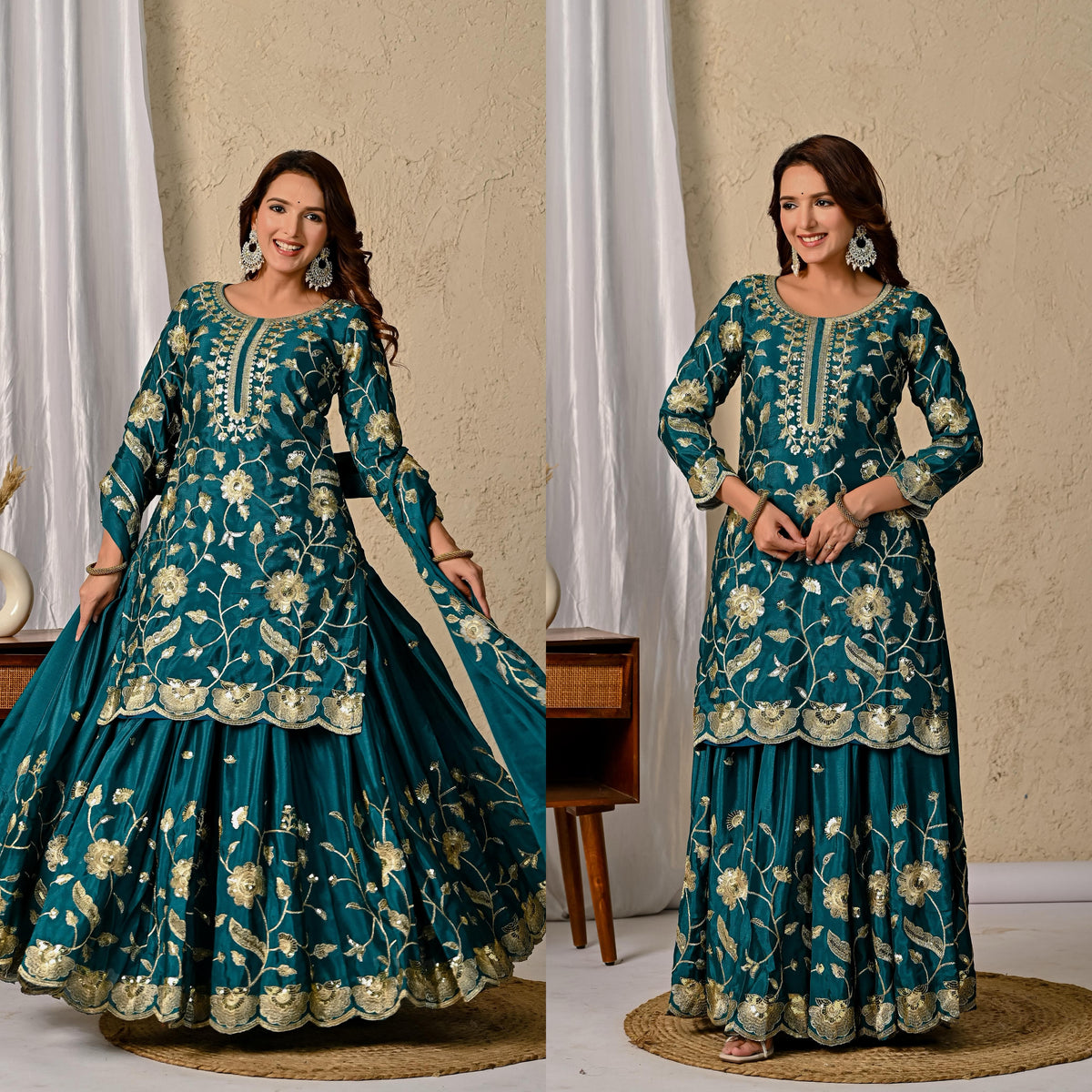 Chinnon Silk Embroidered Lehenga Set – Round Neck – Sequin Work