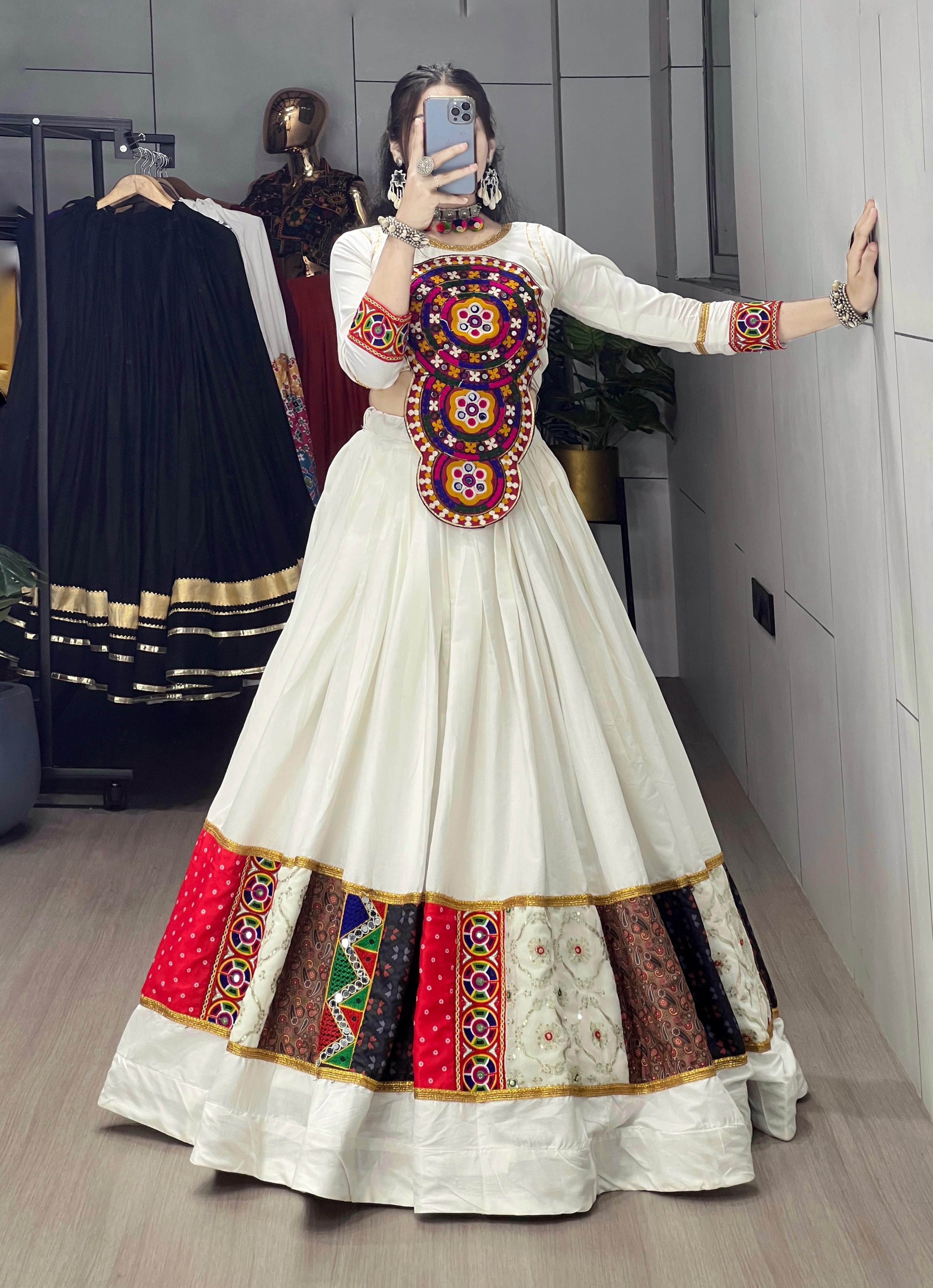 Multicolor Flared Rayon Cotton Lehenga Set – Round Neck – Kutchi Work & Real Mirrors
