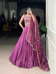 Magenta Flared Silk Crepe Lehenga Set – Drawstring Waist – Sequins & Thread Embroidery