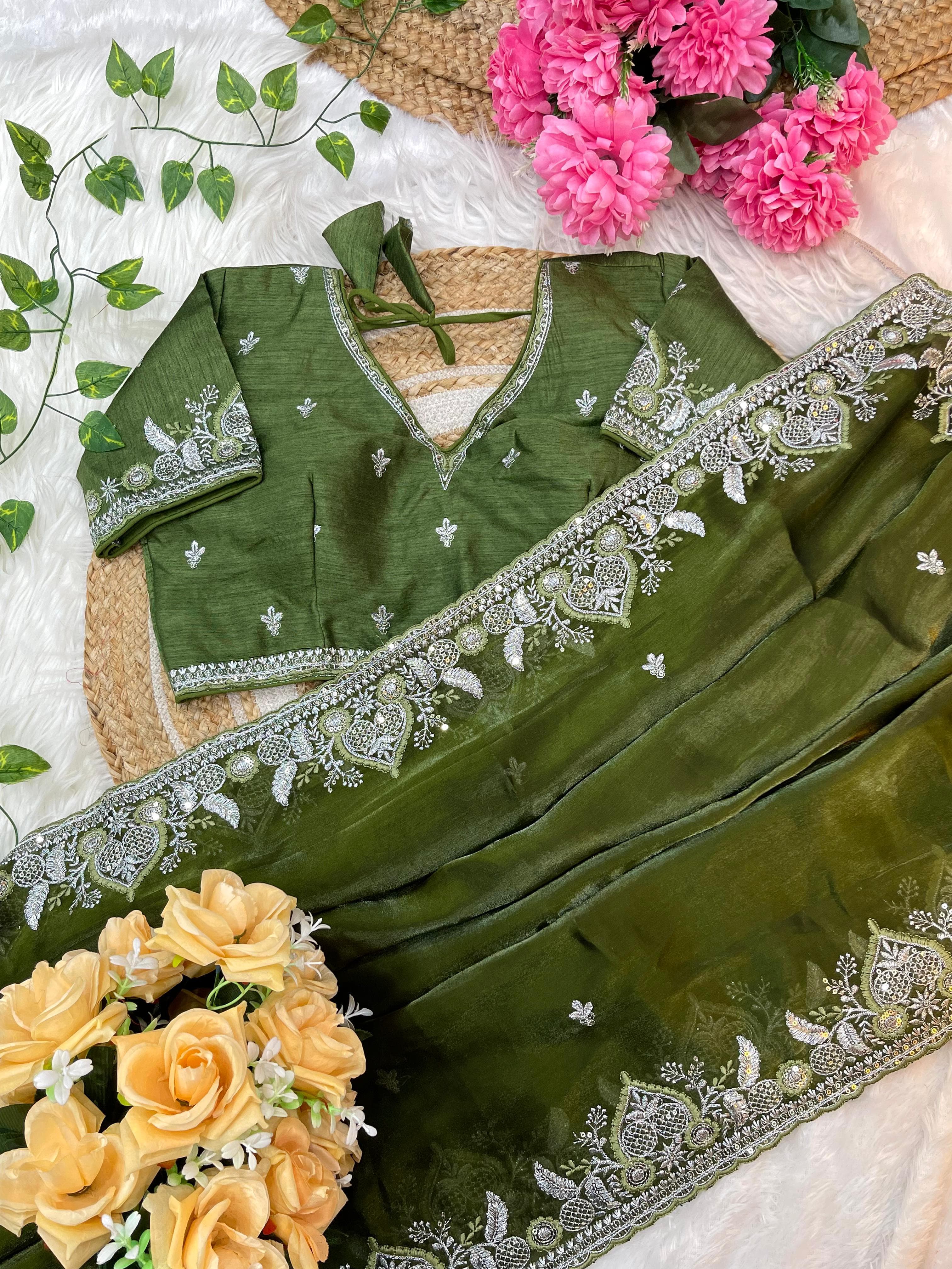 Fendy Satin Saree – Embroidered Border – Sequin & Thread Work
