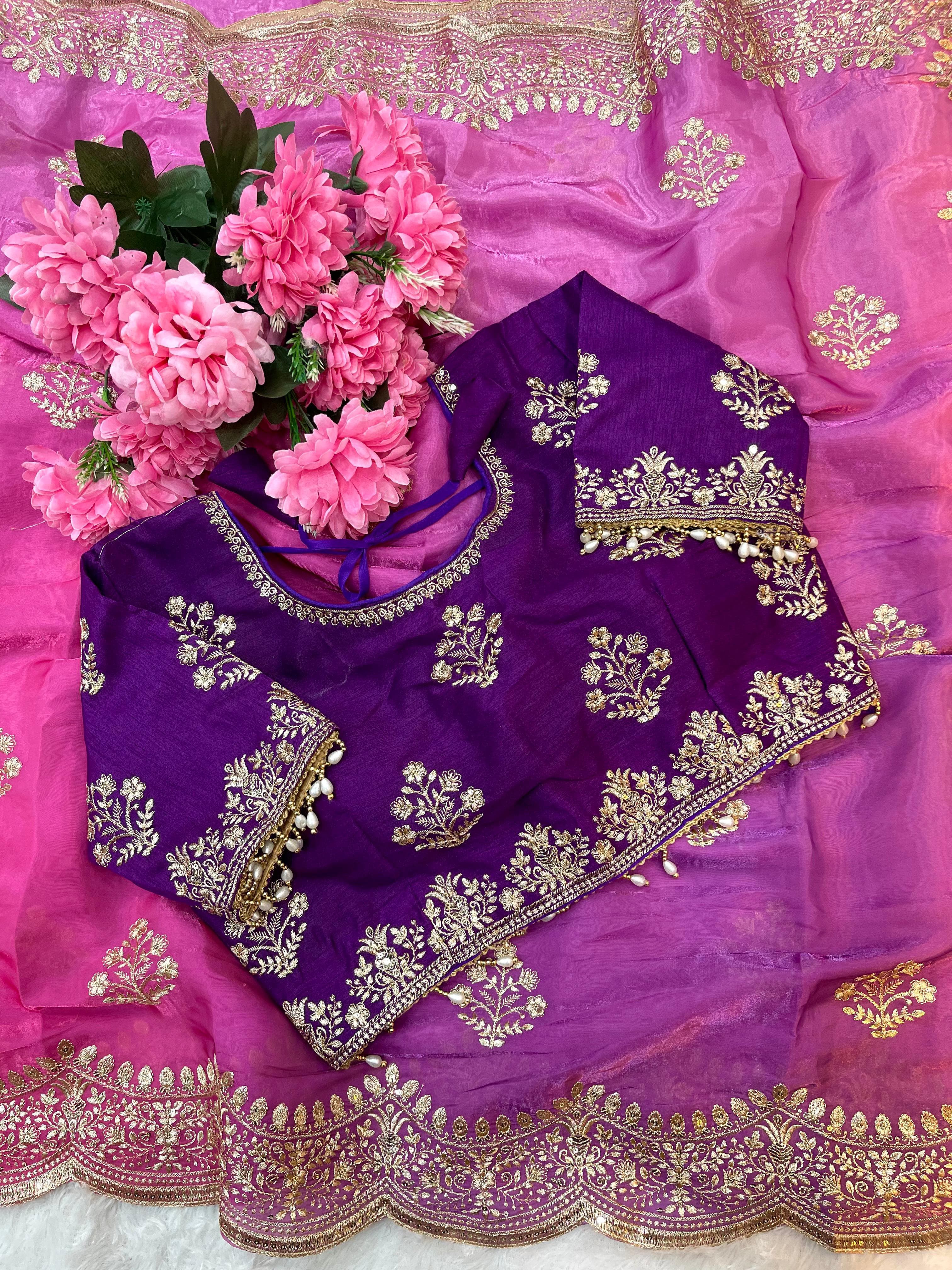 Soft Satin Saree – Embroidered Sequins Border & Buttis – Silk Embroidered Blouse