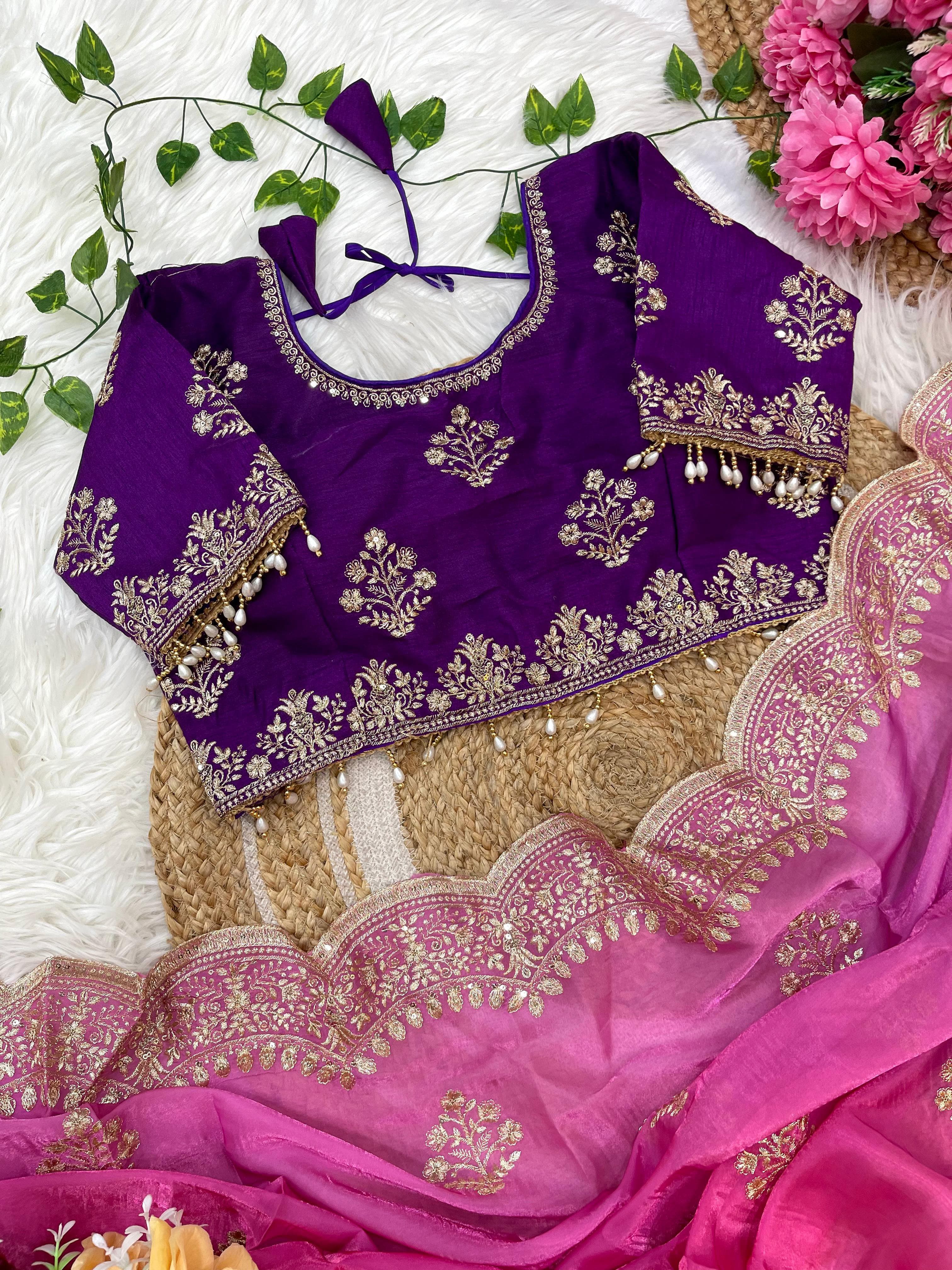 Soft Satin Saree – Embroidered Sequins Border & Buttis – Silk Embroidered Blouse