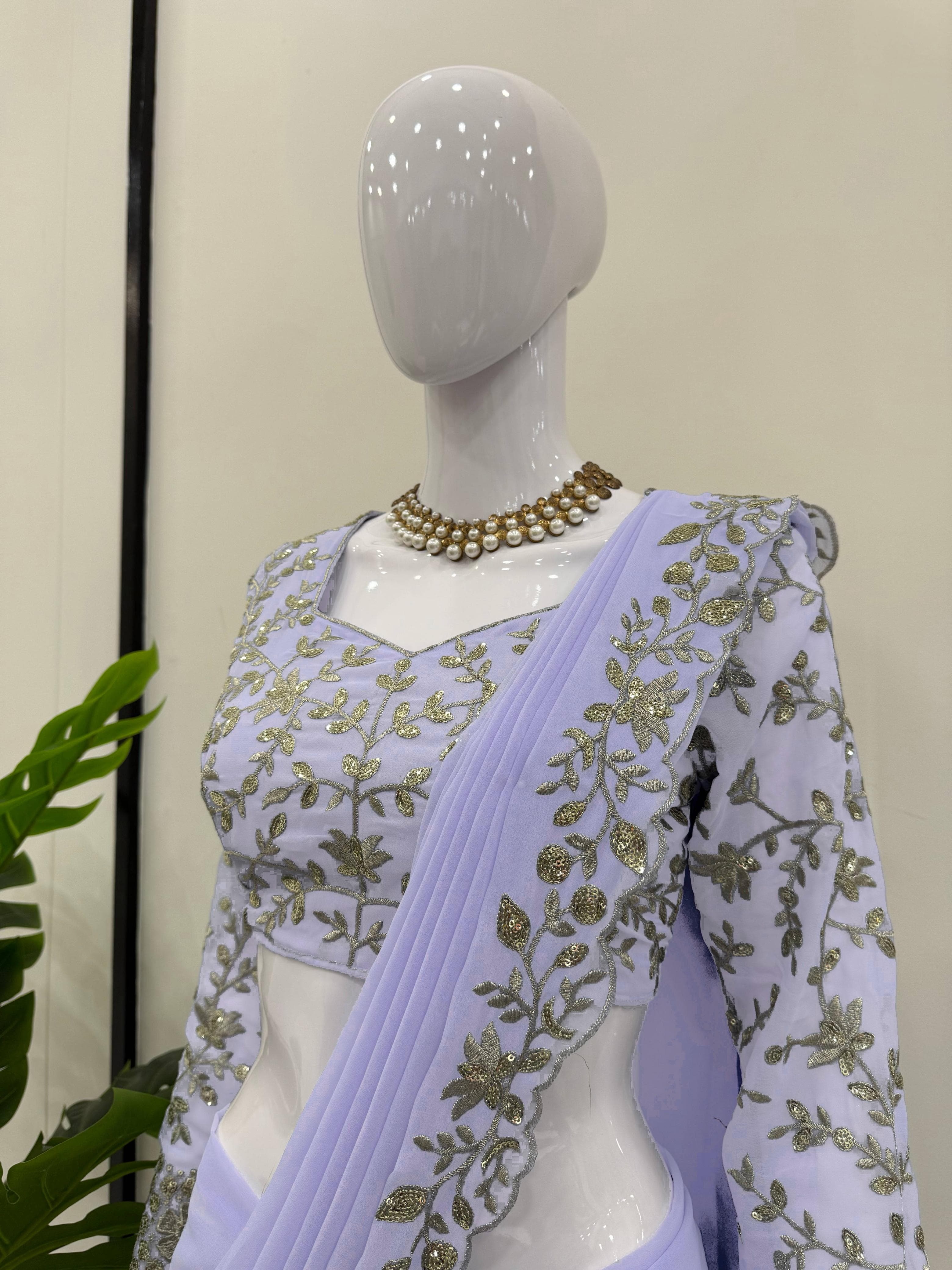 Pastel Purple Ready to Wear Faux Georgette Lehenga Saree – Side Zip – Thread and Sequin Work