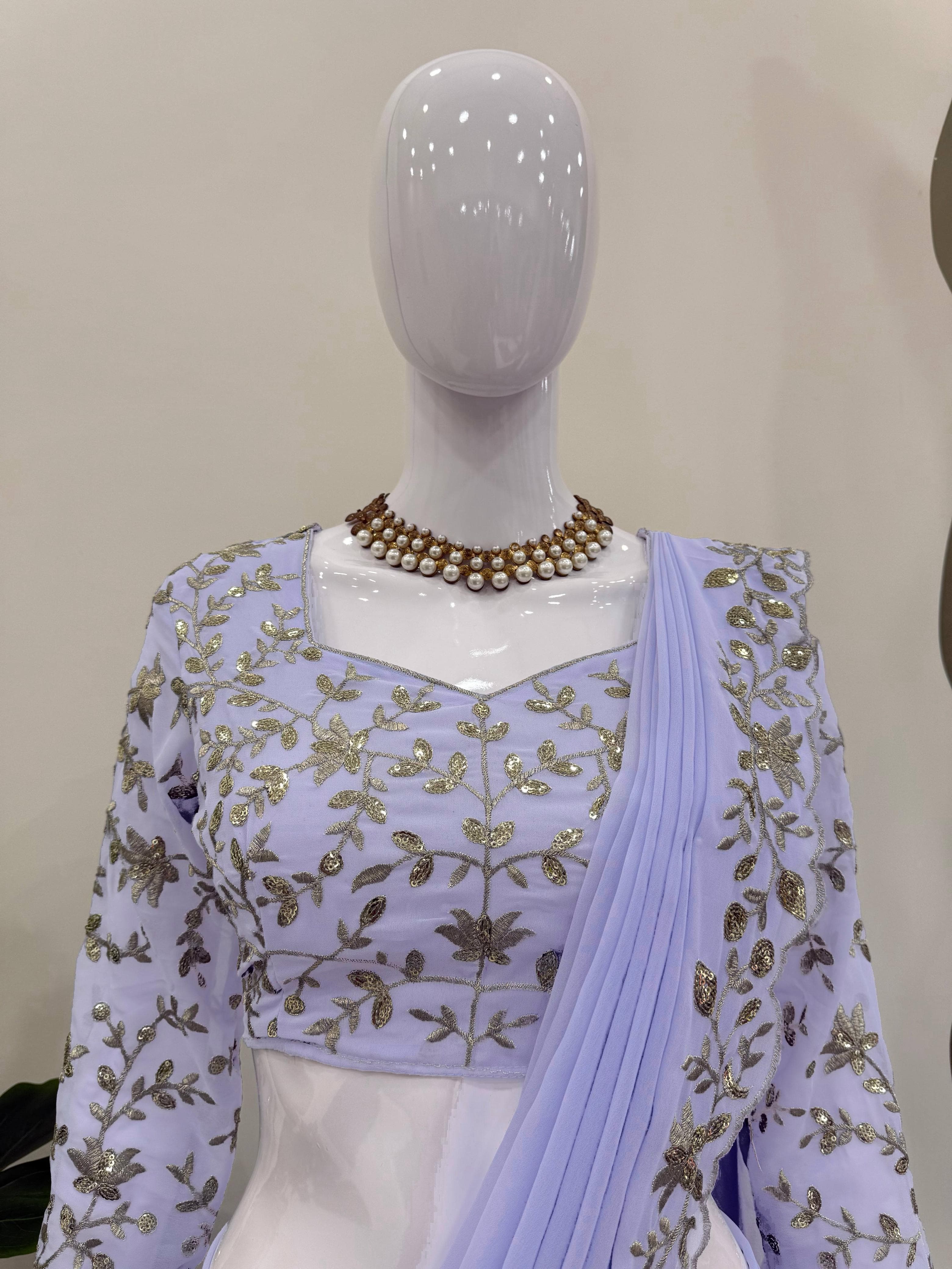 Pastel Purple Ready to Wear Faux Georgette Lehenga Saree – Side Zip – Thread and Sequin Work