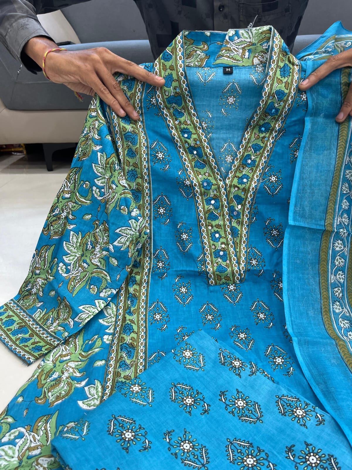 Printed Cotton A-Line Kurti Set – V-Neck – Sequin Handwork