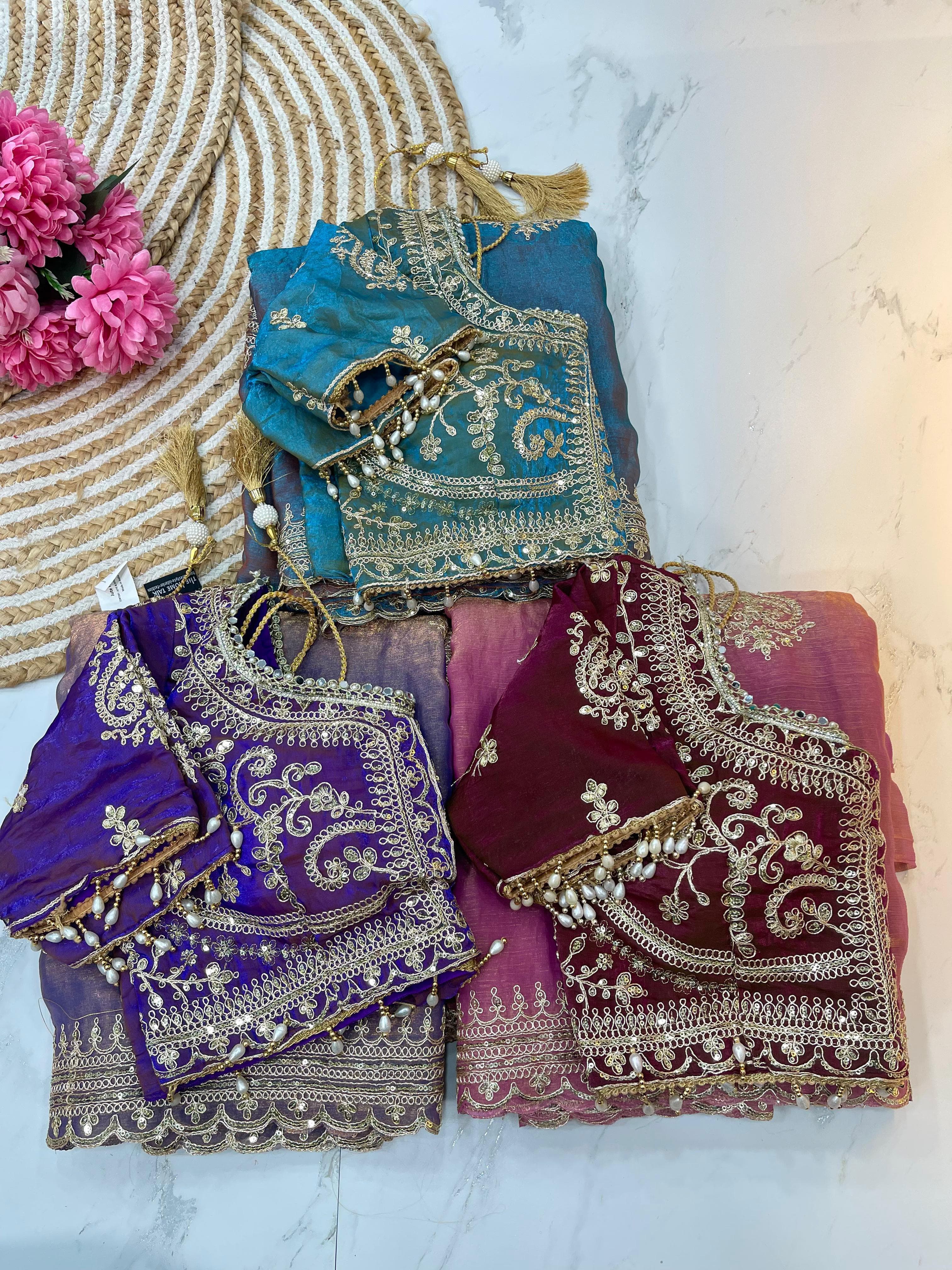 Fendy Chiffon Saree – Heavy Border – Sequin and Cording Embroidery